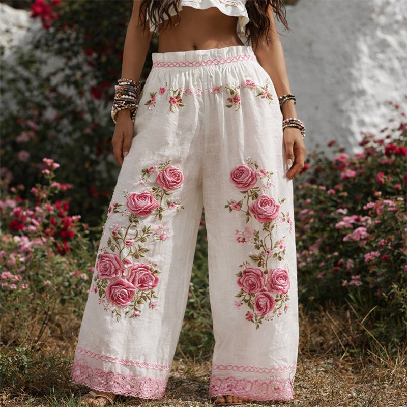 Damen Wide-Leg Hose mit floraler Stickerei elastischer Bund - White