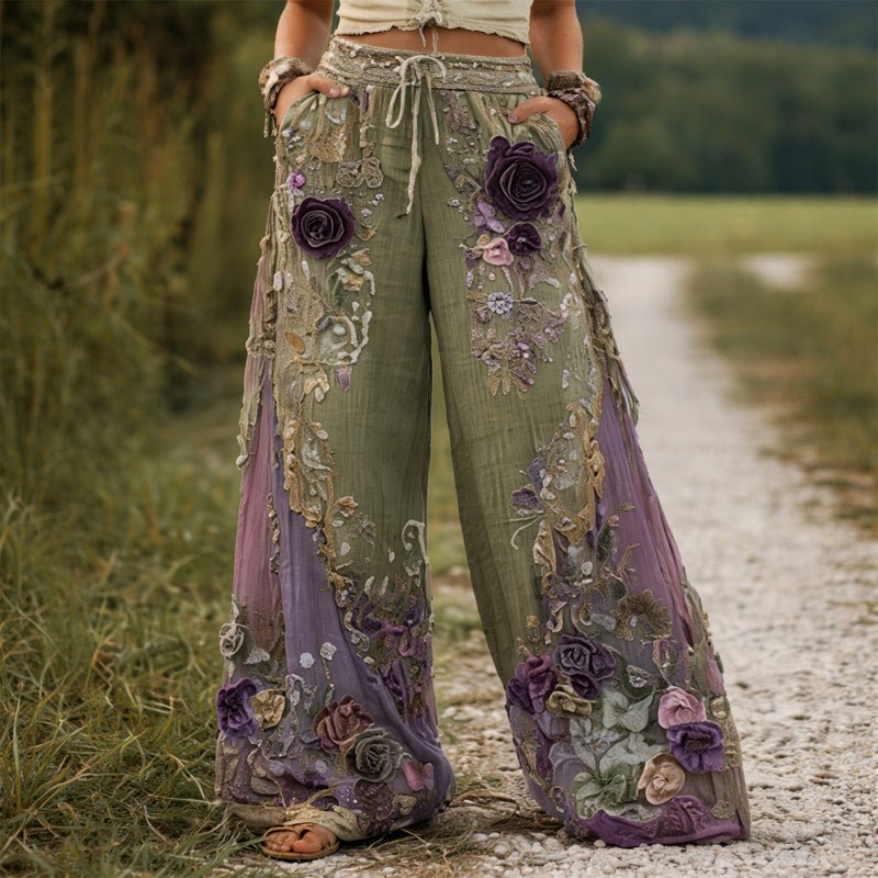 Damen Wide-Leg Hose mit floraler Stickerei elastischer Bund - Green
