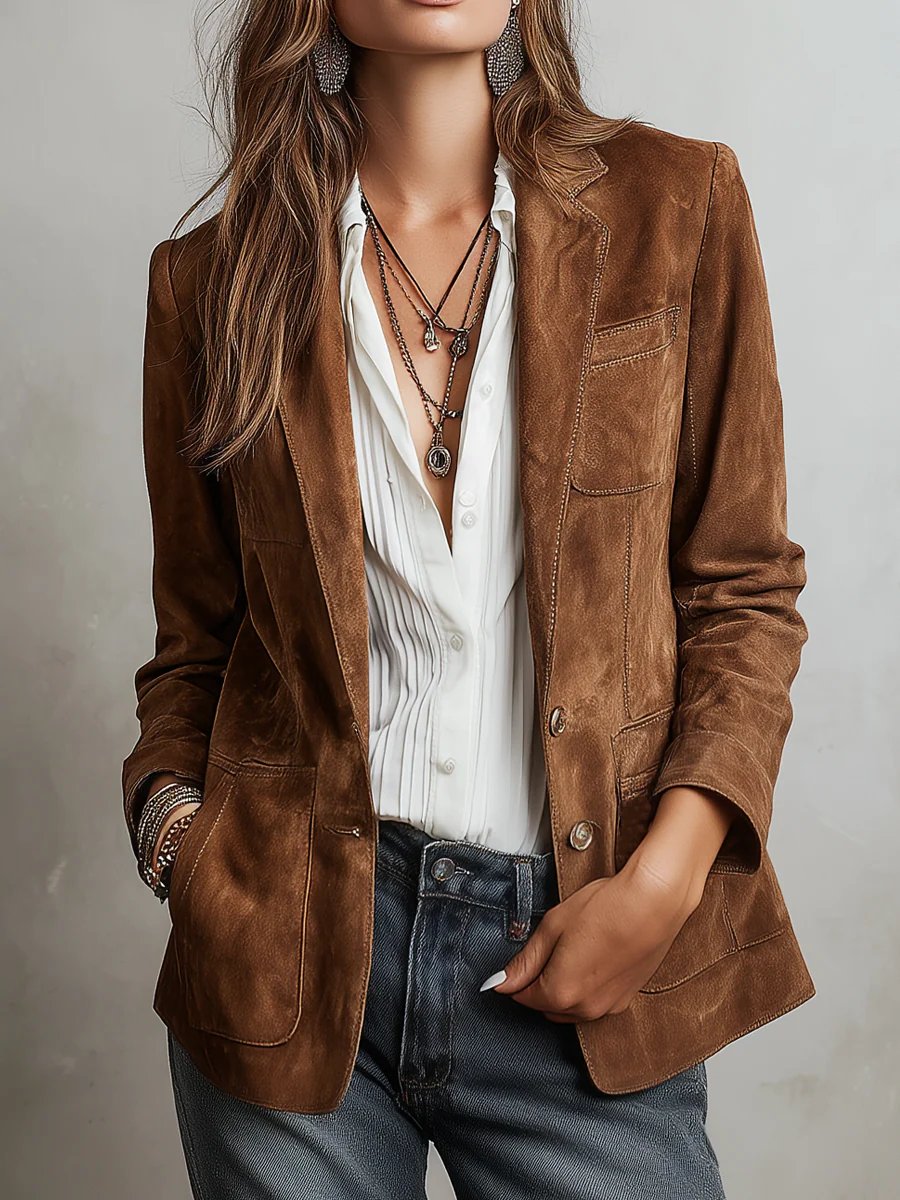 Damen Wildleder Blazer Tailliert Vintage Stil