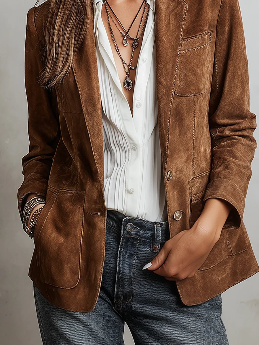 Damen Wildleder Blazer Tailliert Vintage Stil