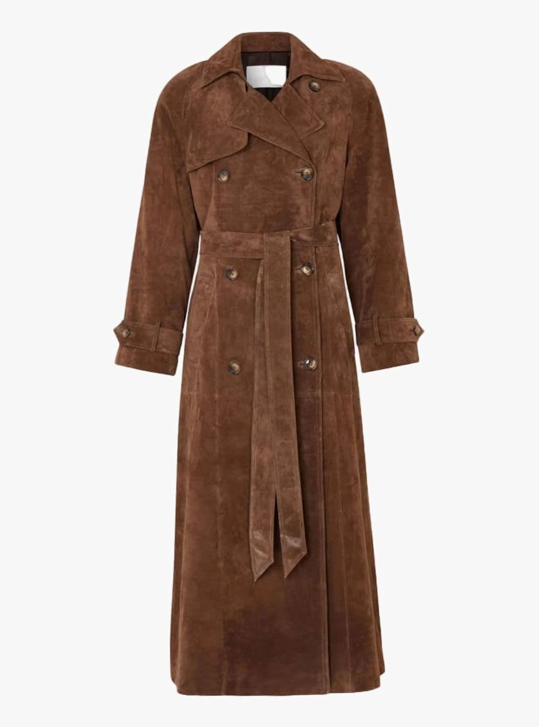 Damen Wildleder Doppelknopf Mantel mit Bindegürtel - Braun