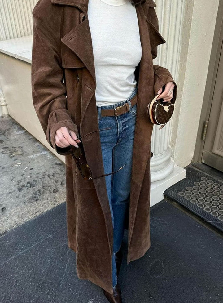 Damen Wildleder Doppelknopf Mantel mit Bindegürtel