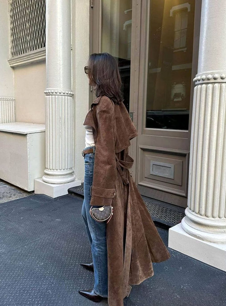 Damen Wildleder Doppelknopf Mantel mit Bindegürtel