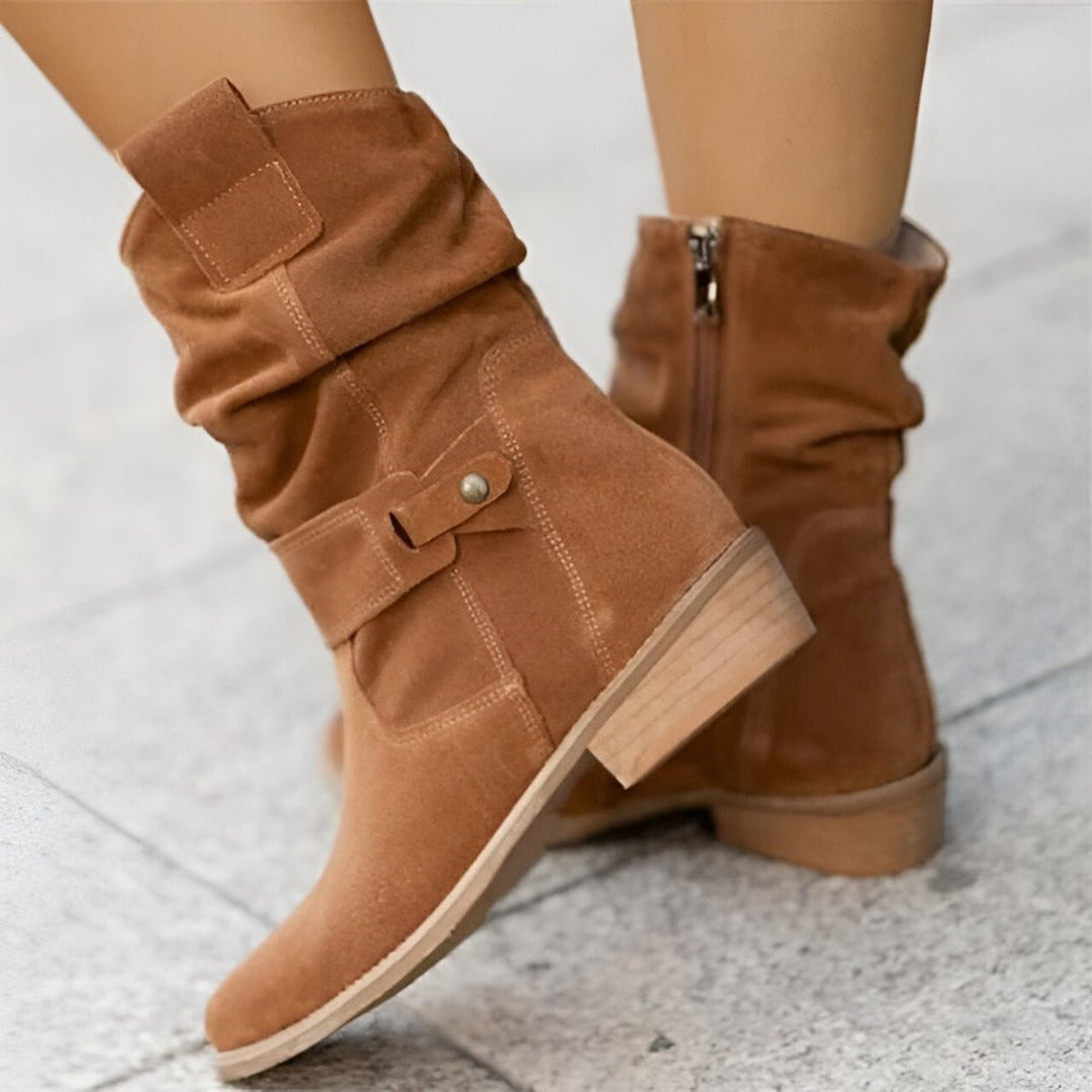 Damen Wildlederimitat Knee High Boots Gefältelt Blockabsatz Reißverschluss - Braun