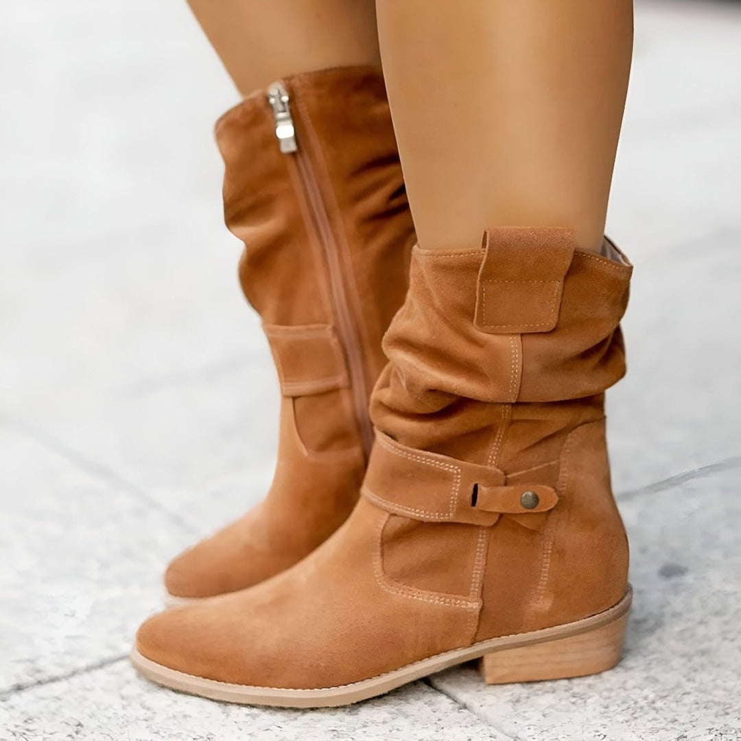 Damen Wildlederimitat Knee High Boots Gefältelt Blockabsatz Reißverschluss