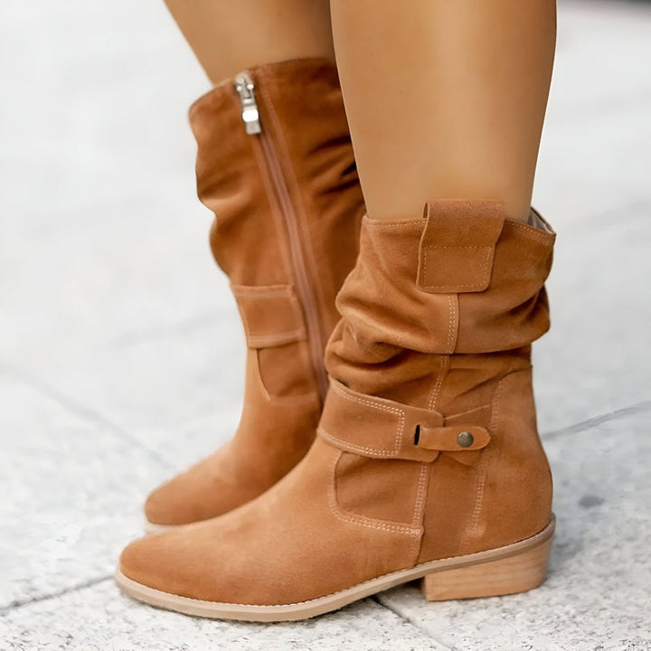 Damen Wildlederimitat Knee High Boots Gefältelt Blockabsatz Reißverschluss