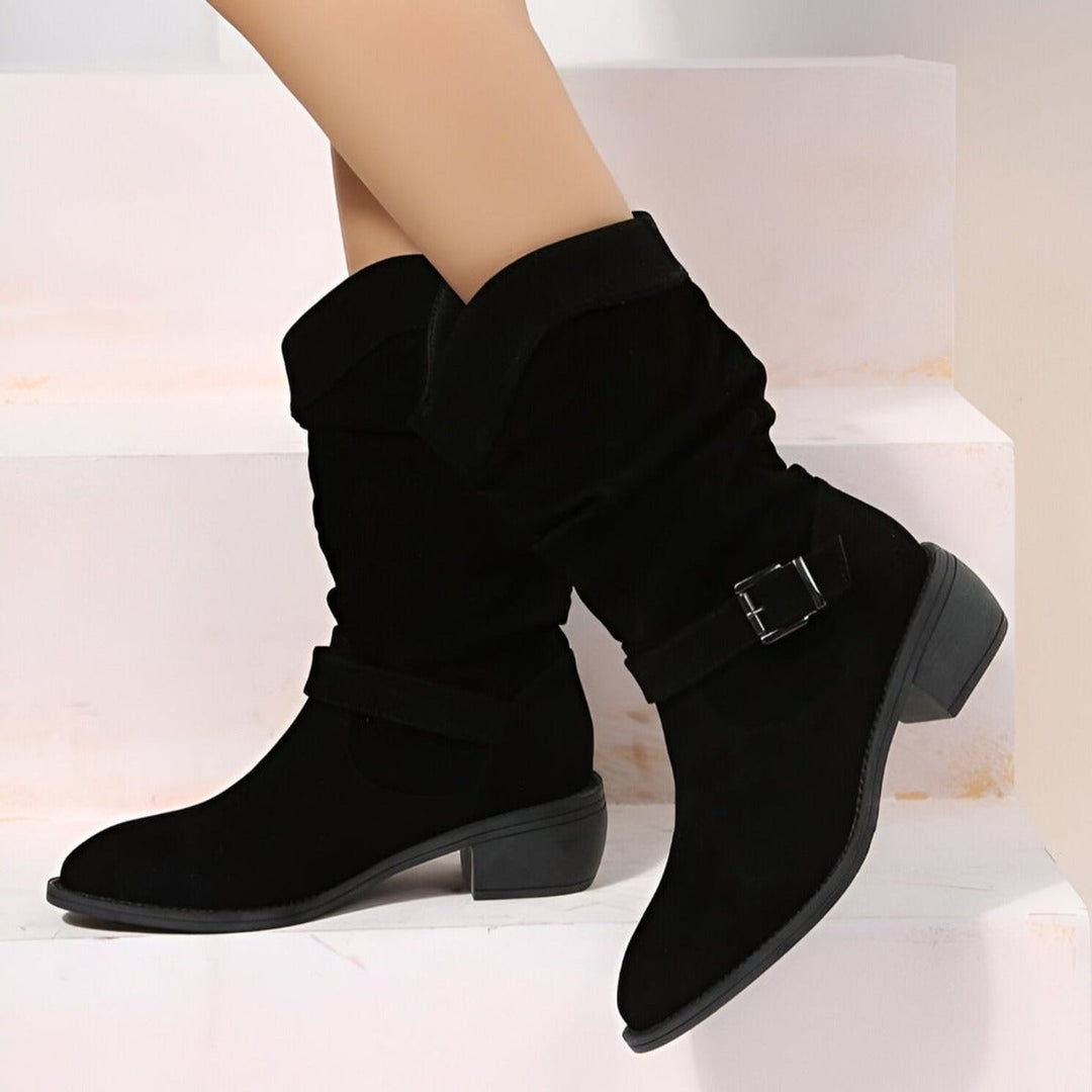 Damen Wildlederimitat Knee High Boots Gefältelt Blockabsatz Reißverschluss - Schwarz