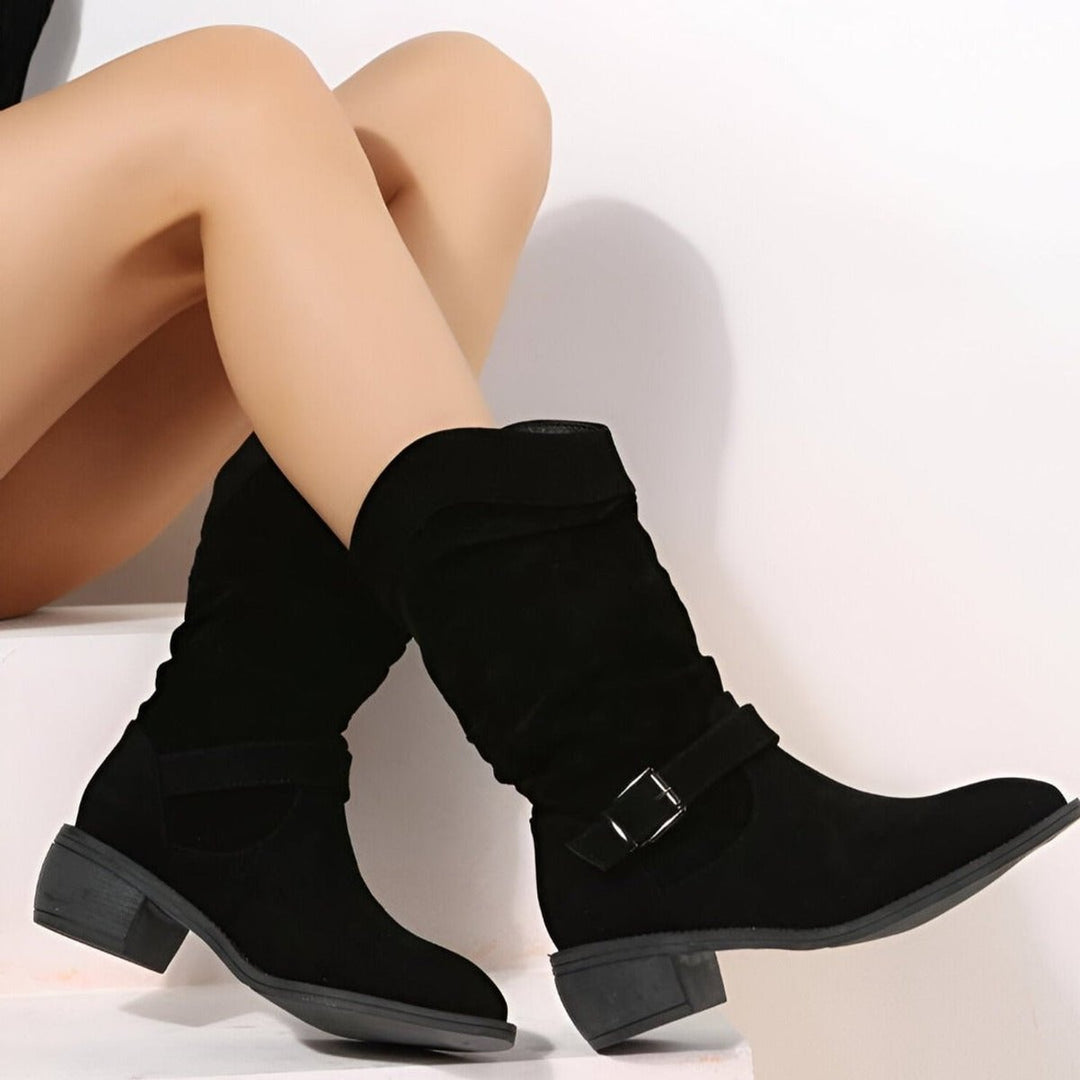 Damen Wildlederimitat Knee High Boots Gefältelt Blockabsatz Reißverschluss