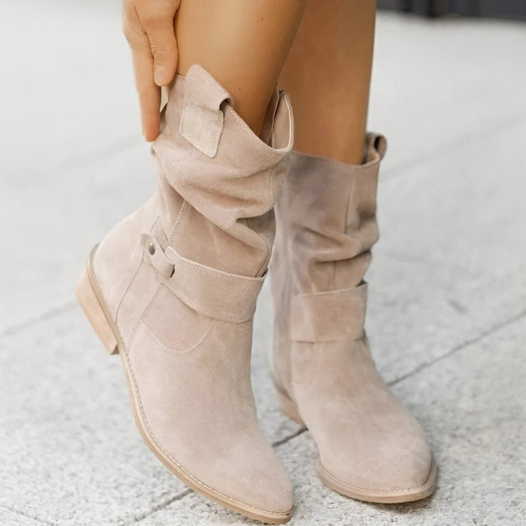 Damen Wildlederimitat Knee High Boots Gefältelt Blockabsatz Reißverschluss
