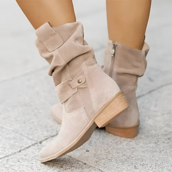 Damen Wildlederimitat Knee High Boots Gefältelt Blockabsatz Reißverschluss - Beige