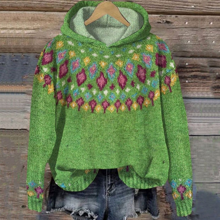 Damen Winter-Strickhoodie mit Muster und Kapuze - Grün