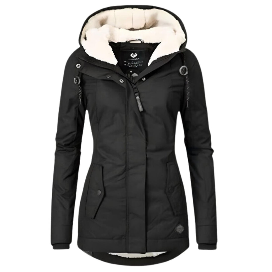 Damen Winterparka Sherpa-Gefüttert Wasserabweisend Tailliert Women Coat - Schwarz