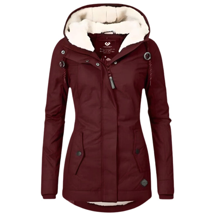 Damen Winterparka Sherpa-Gefüttert Wasserabweisend Tailliert Women Coat - Weinrot