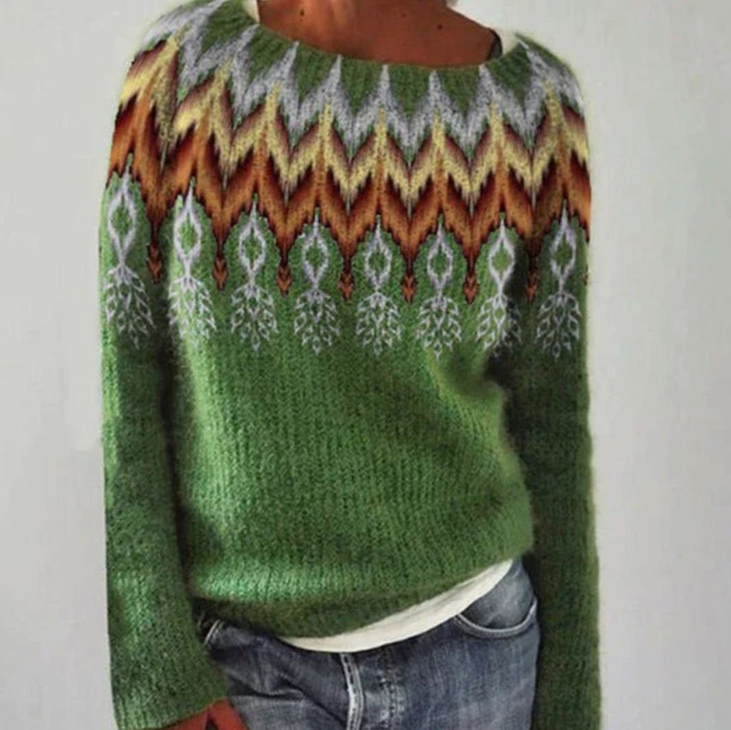 Damen Winterpullover nordischem Muster Rundhals Weihnachtsstrickpullover - Grün
