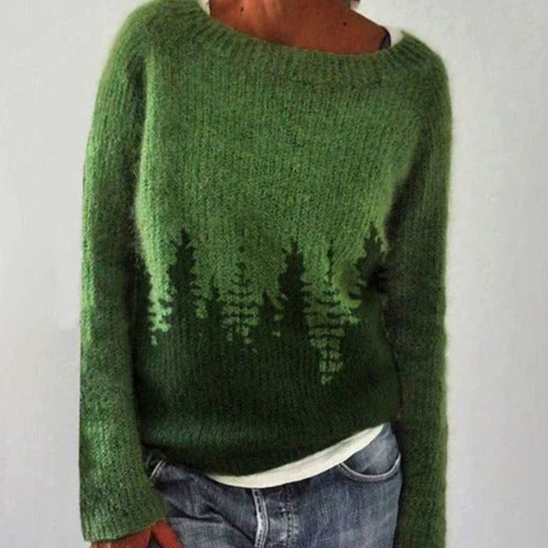 Damen Winterpullover nordischem Muster Rundhals Weihnachtsstrickpullover - Dunkelgrün