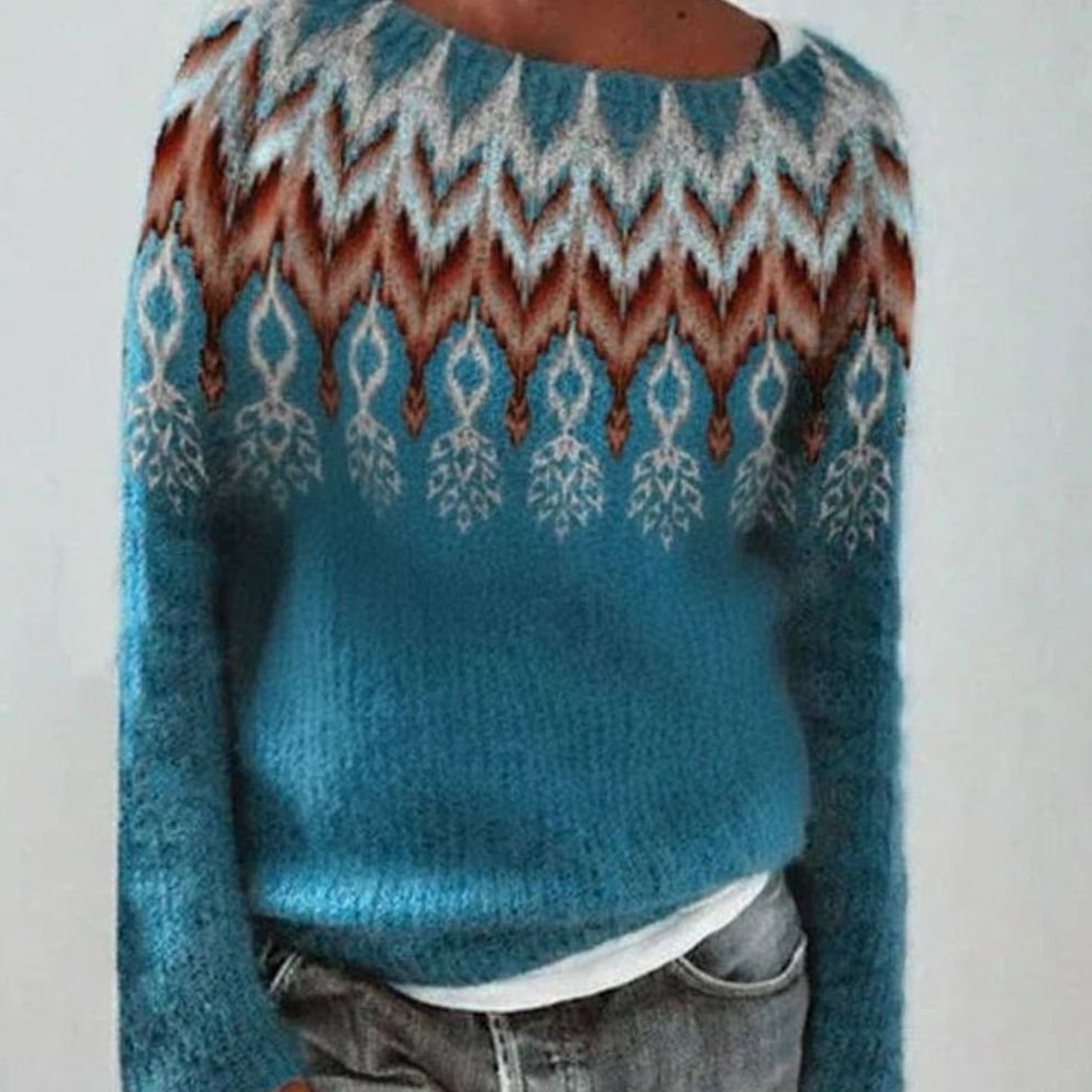 Damen Winterpullover nordischem Muster Rundhals Weihnachtsstrickpullover - Hellblau