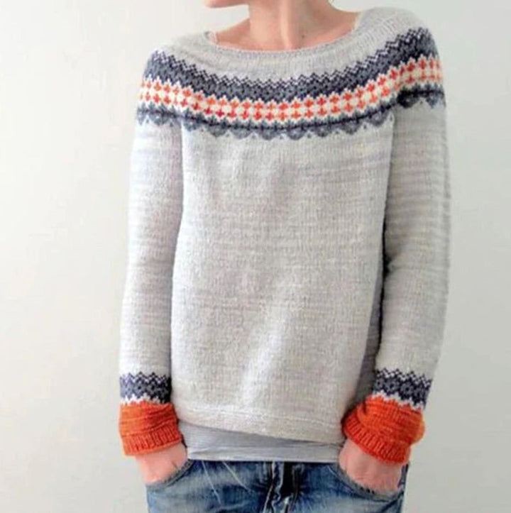 Damen Winterpullover nordischem Muster Rundhals Weihnachtsstrickpullover - Hellgrau
