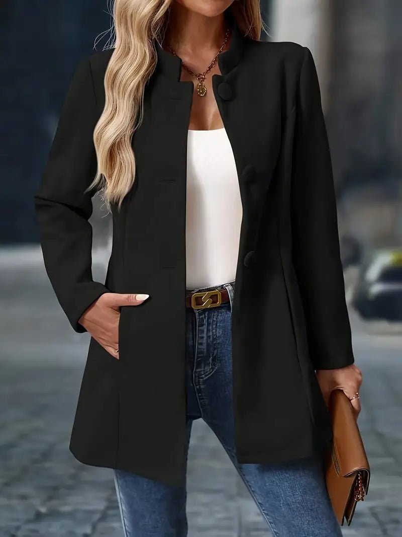Damen Wollmantel Knopfverschluss Mittellang Elegant - Black