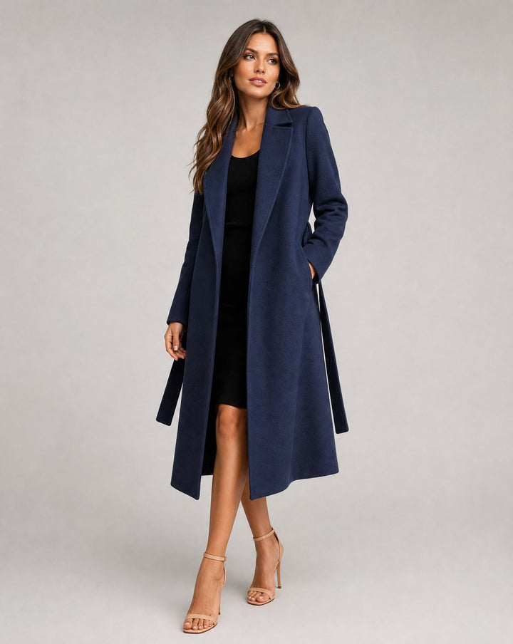 Damen Wollmix Trench Coat Langer Gürtelmantel mit Reverskragen