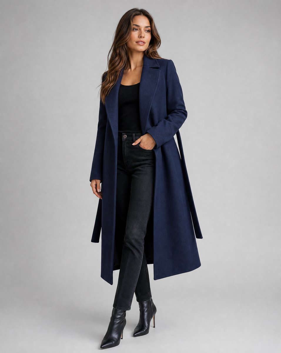 Damen Wollmix Trench Coat Langer Gürtelmantel mit Reverskragen - Marine