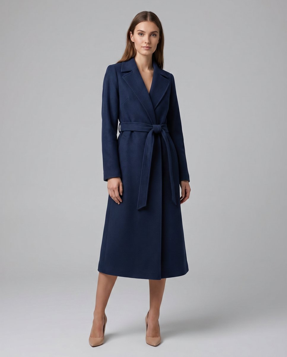 Damen Wollmix Trench Coat Langer Gürtelmantel mit Reverskragen