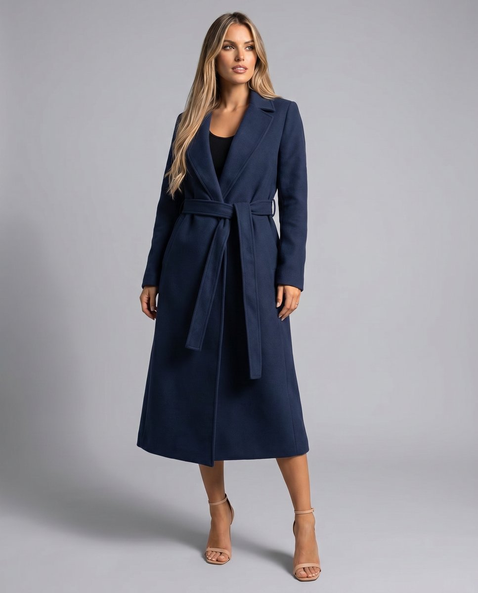 Damen Wollmix Trench Coat Langer Gürtelmantel mit Reverskragen