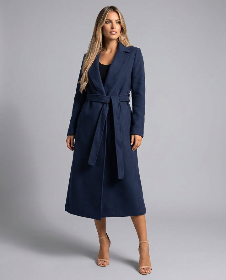 Damen Wollmix Trench Coat Langer Gürtelmantel mit Reverskragen