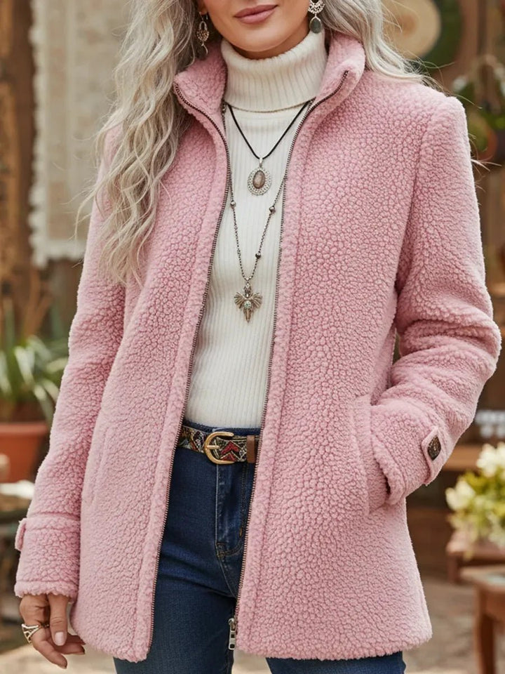 Damen Women Coat Flauschige Lammwoll-Jacke Stehkragen Reißverschluss - Rosa