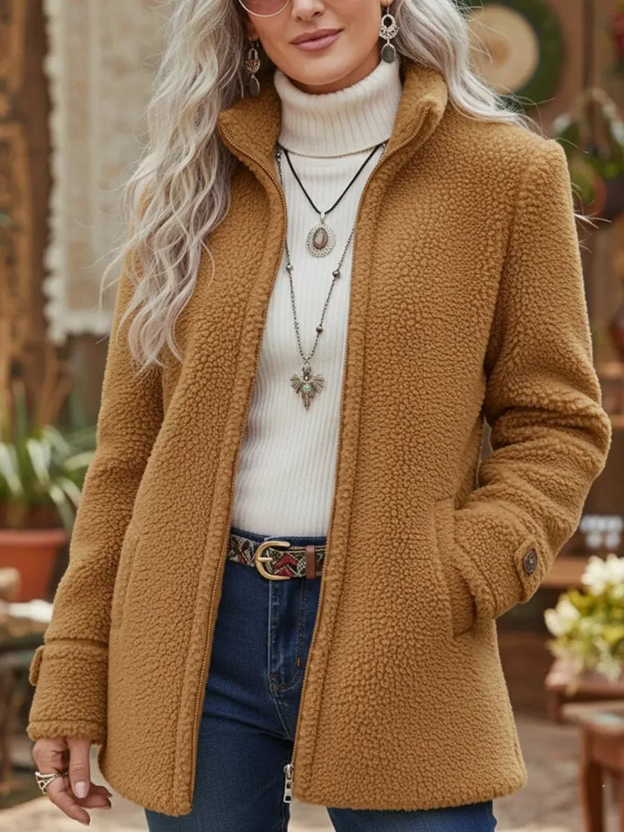 Damen Women Coat Flauschige Lammwoll-Jacke Stehkragen Reißverschluss - Camel