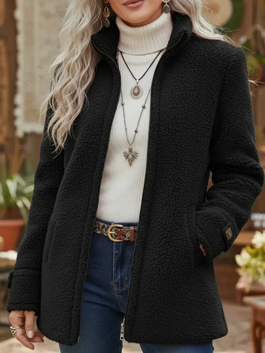 Damen Women Coat Flauschige Lammwoll-Jacke Stehkragen Reißverschluss - Schwarz