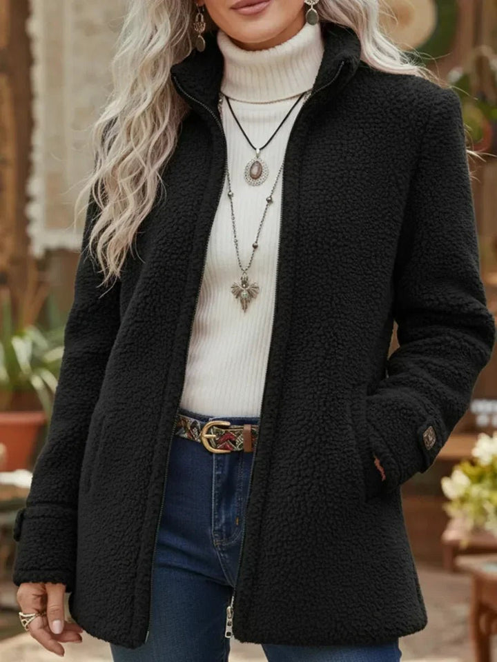 Damen Women Coat Flauschige Lammwoll-Jacke Stehkragen Reißverschluss - Schwarz