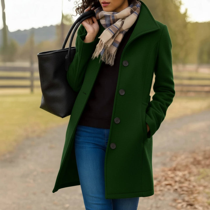 Damen Women Coat Klassischer Mid-Length Knopfmantel - Dunkelgrün