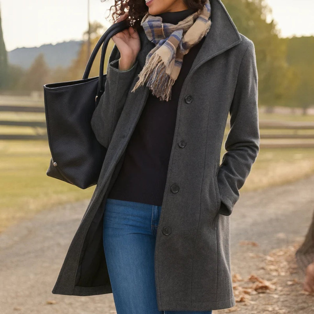 Damen Women Coat Klassischer Mid-Length Knopfmantel - Grau