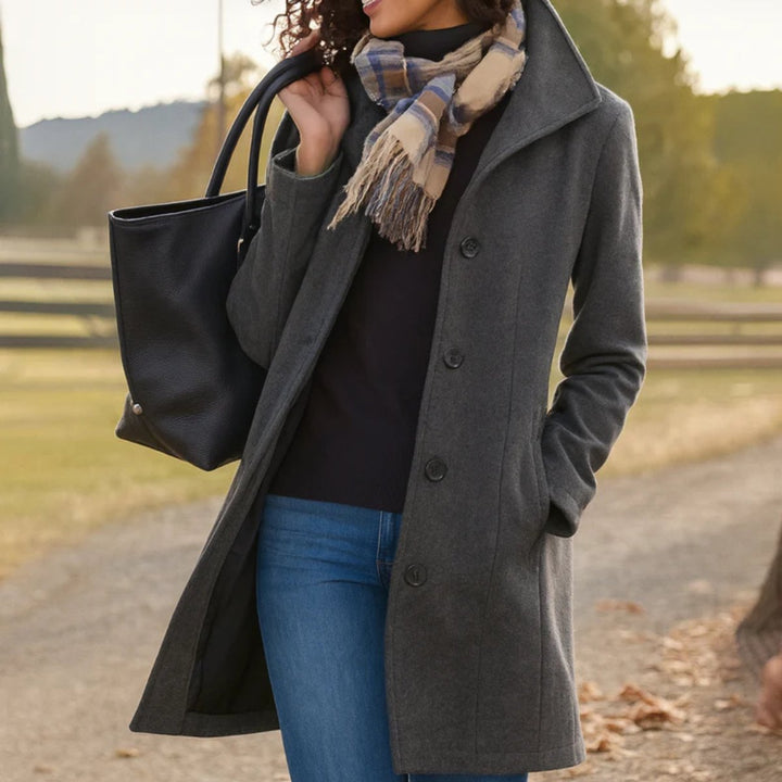 Damen Women Coat Klassischer Mid-Length Knopfmantel - Grau