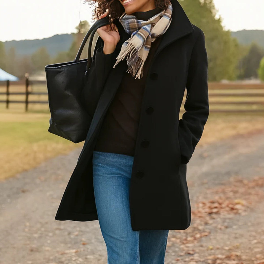 Damen Women Coat Klassischer Mid-Length Knopfmantel - Schwarz