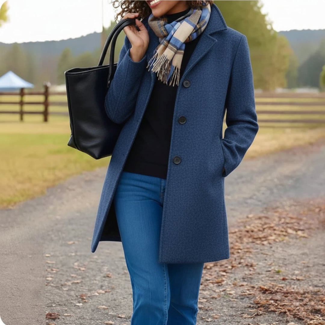 Damen Women Coat Klassischer Mid-Length Knopfmantel - Blau