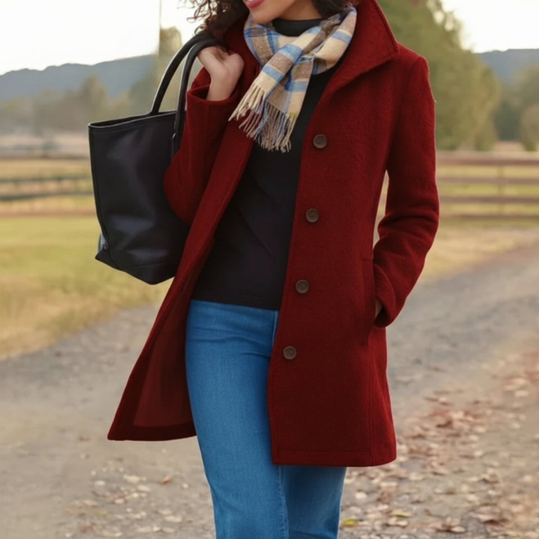 Damen Women Coat Klassischer Mid-Length Knopfmantel - Rot