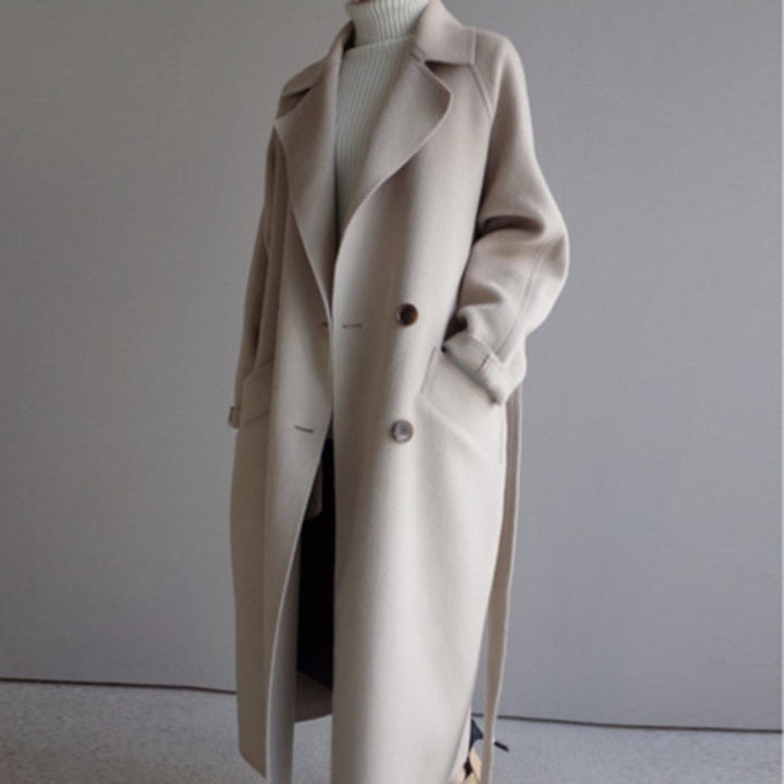 Damen Women Coat langer Kaschmir Mantel Doppelknopf Trenchcoat - Off-Weiß