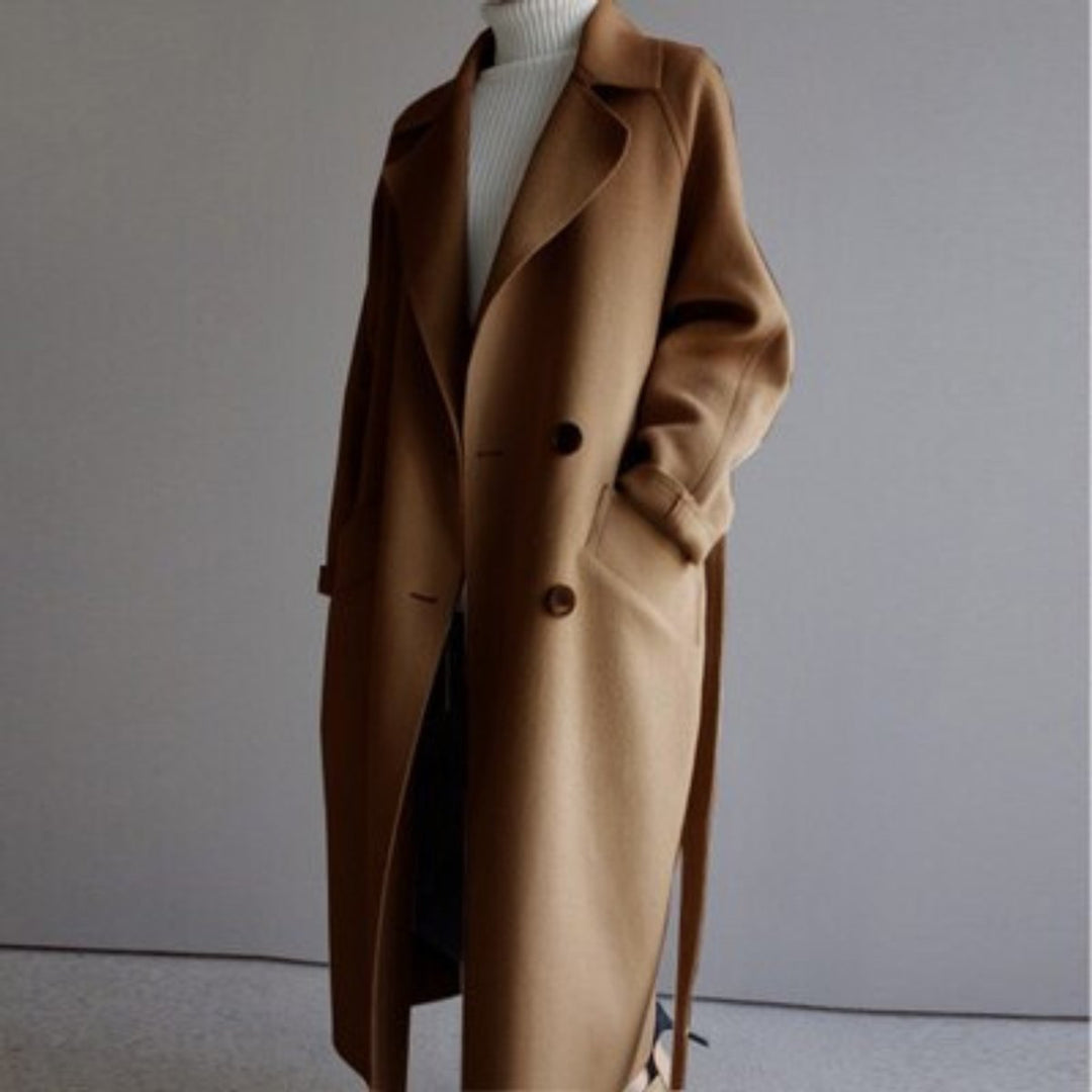 Damen Women Coat langer Kaschmir Mantel Doppelknopf Trenchcoat - Karamell