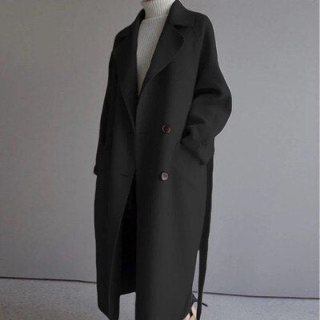 Damen Women Coat langer Kaschmir Mantel Doppelknopf Trenchcoat - Schwarz