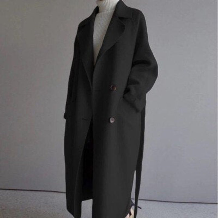 Damen Women Coat langer Kaschmir Mantel Doppelknopf Trenchcoat - Schwarz