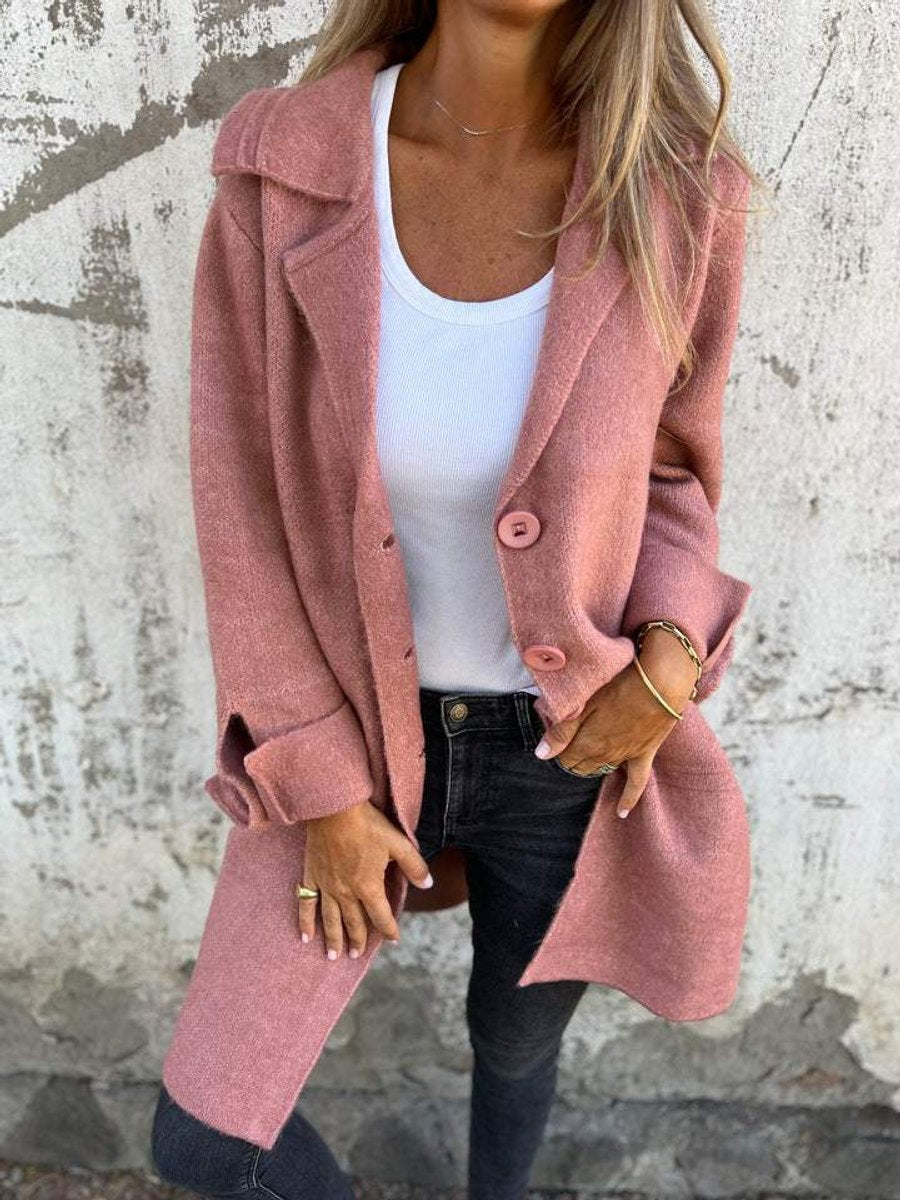 Damen Women Coat Lässiger Langer Mantel mit Revers und Knöpfen