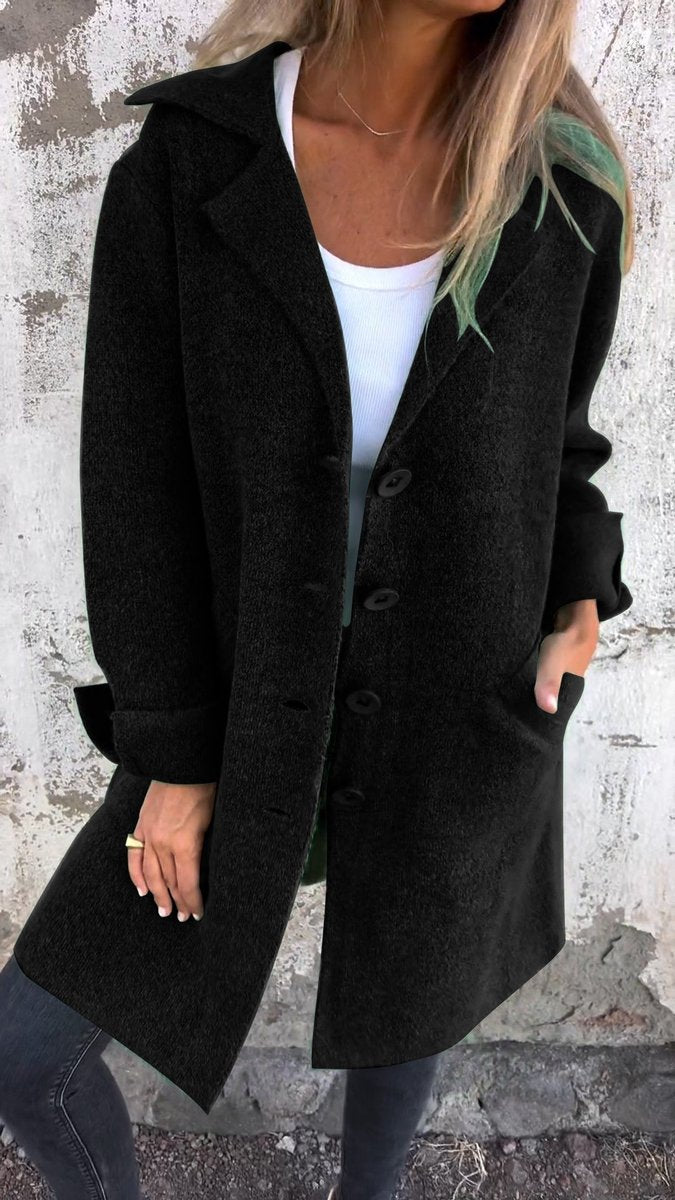 Damen Women Coat Lässiger Langer Mantel mit Revers und Knöpfen - Schwarz