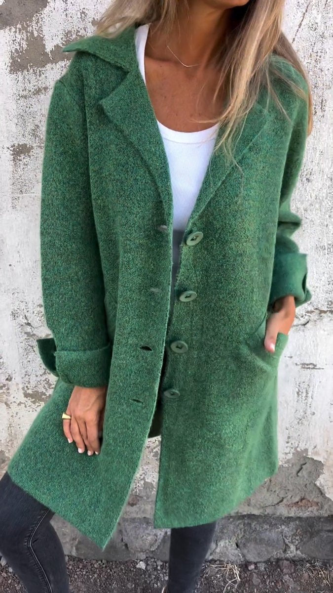 Damen Women Coat Lässiger Langer Mantel mit Revers und Knöpfen - Grün