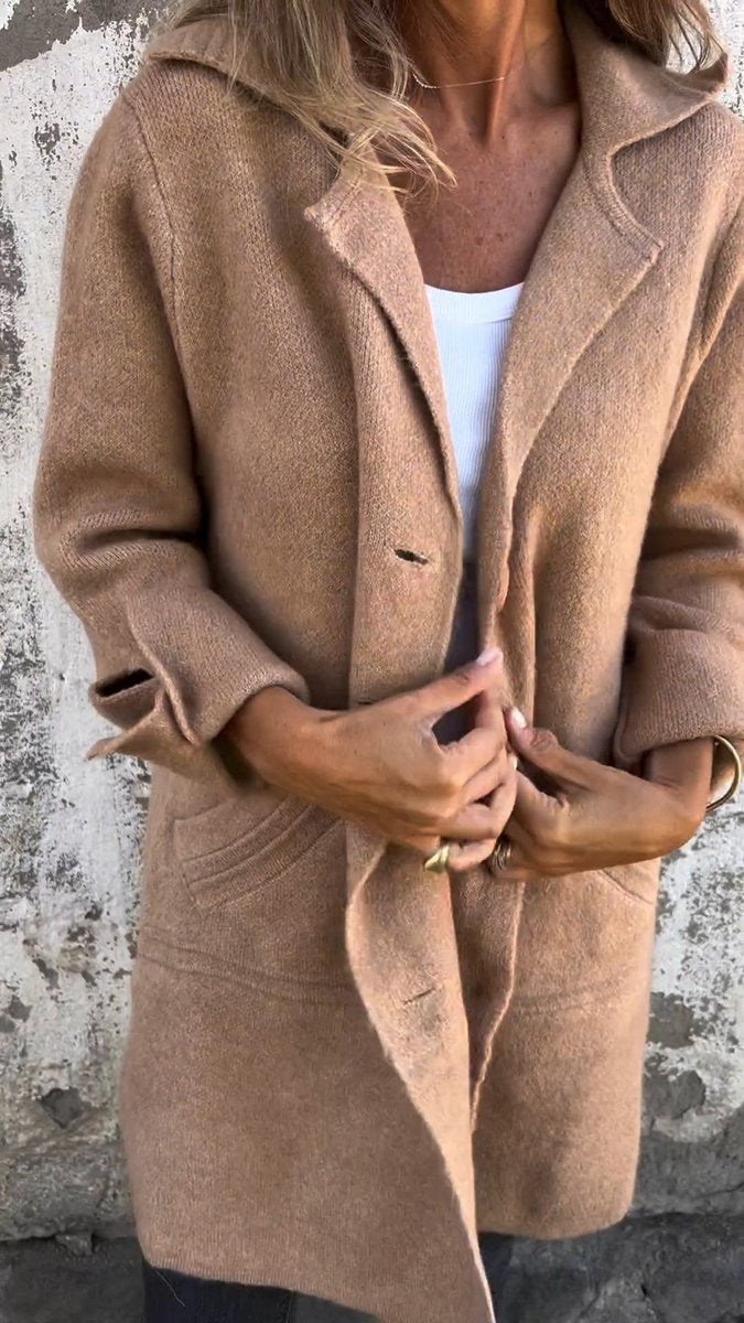 Damen Women Coat Lässiger Langer Mantel mit Revers und Knöpfen - Khaki