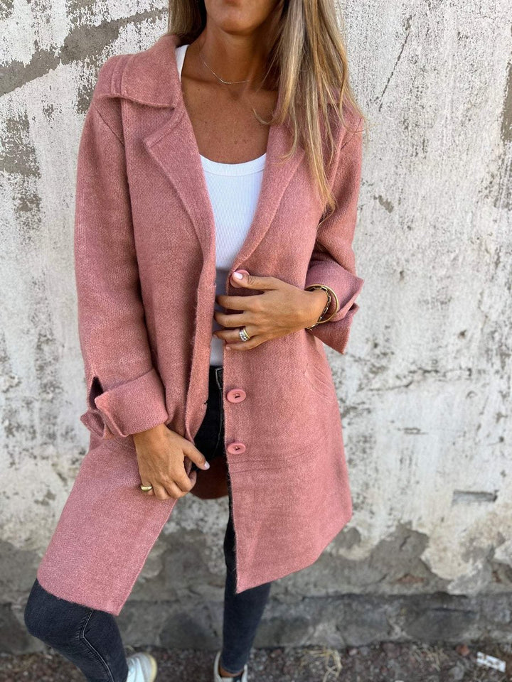 Damen Women Coat Lässiger Langer Mantel mit Revers und Knöpfen - Rosa