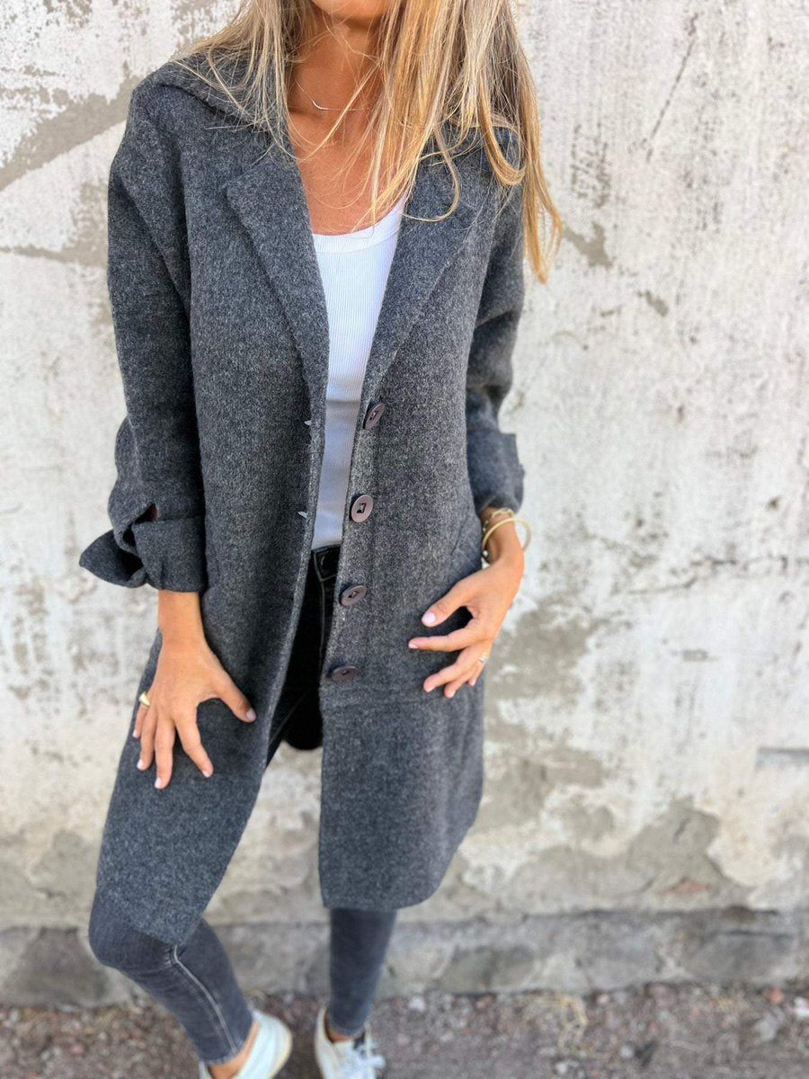 Damen Women Coat Lässiger Langer Mantel mit Revers und Knöpfen - Grau