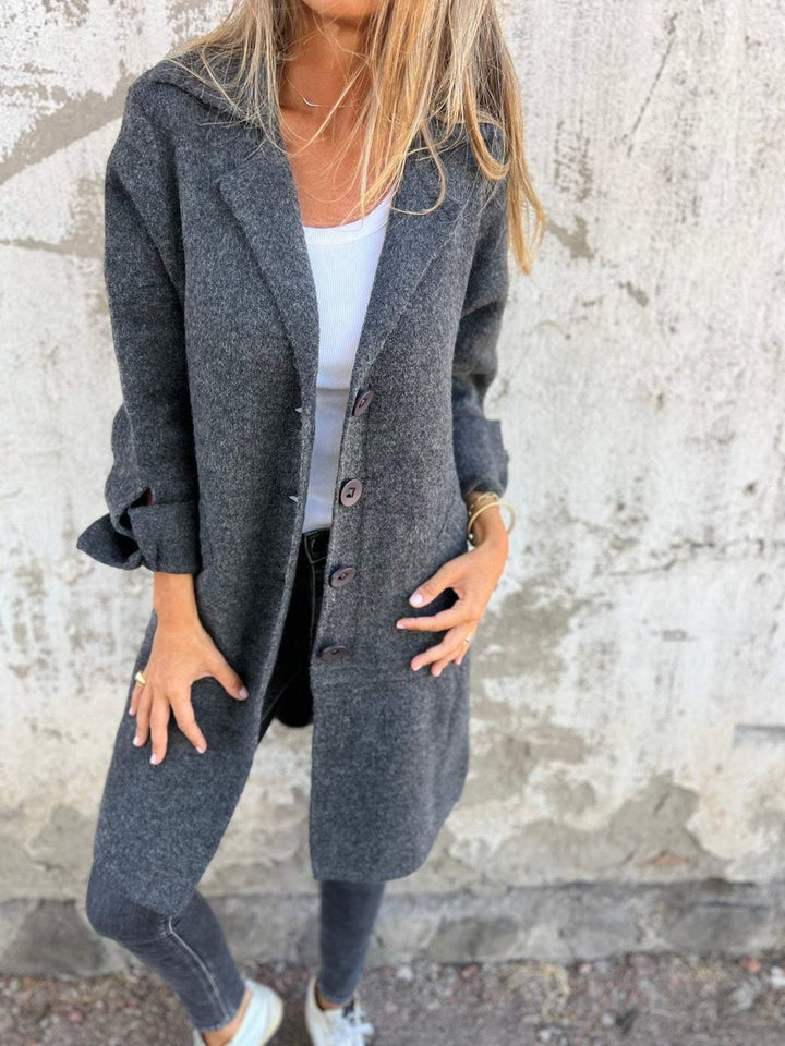 Damen Women Coat Lässiger Langer Mantel mit Revers und Knöpfen - Grau