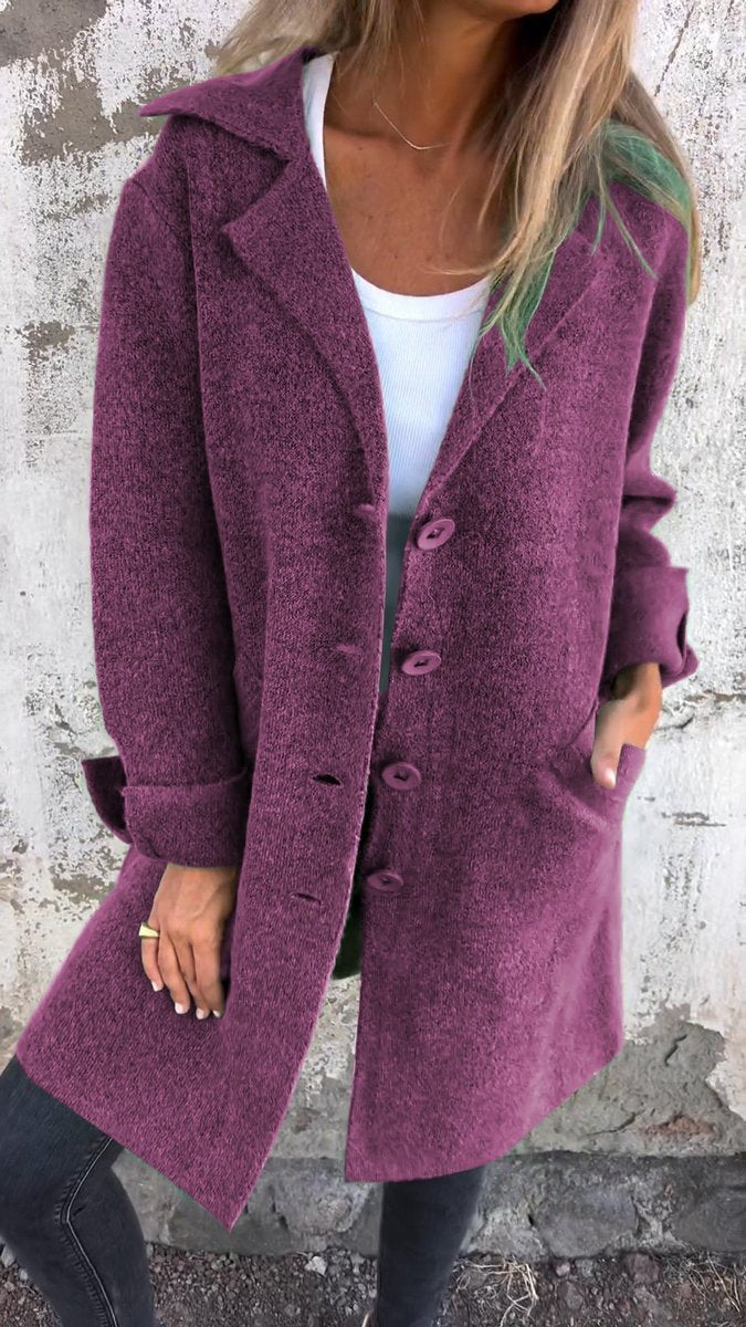 Damen Women Coat Lässiger Langer Mantel mit Revers und Knöpfen - Lila