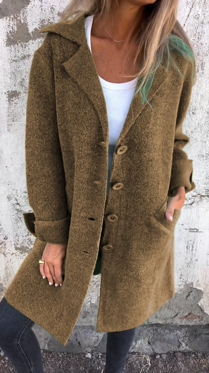 Damen Women Coat Lässiger Langer Mantel mit Revers und Knöpfen - Braun